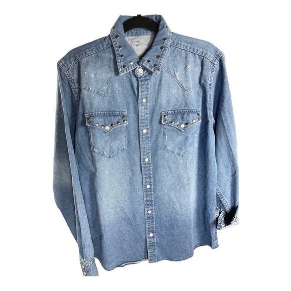Denim Button Down Shirt Long Sleeve Bad Choices Make Good Stories Western Sz M - Picture 3 of 10